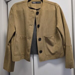 Zara Collarless Suede Cropped Jacket S